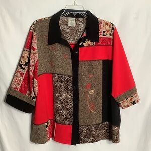 Red Leopard Print Mixed Media Blouse Size 22W Artsy Lagenlook